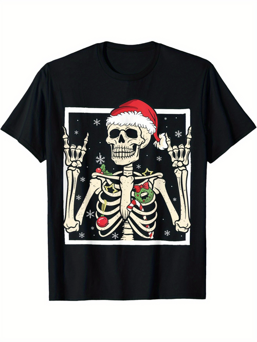 Men's Graphic T-Shirt Festive Skeleton With Christmas Lights And Santa Hat Amid Falling Snow