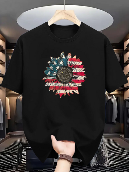 Men's Graphic T-Shirt Vintage Distressed Blended American Flag On Sunflower