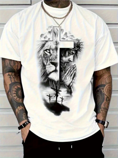 Men's Graphic T-Shirt Dramatic Clouded Skies With Praying Figure And Courageous Lion