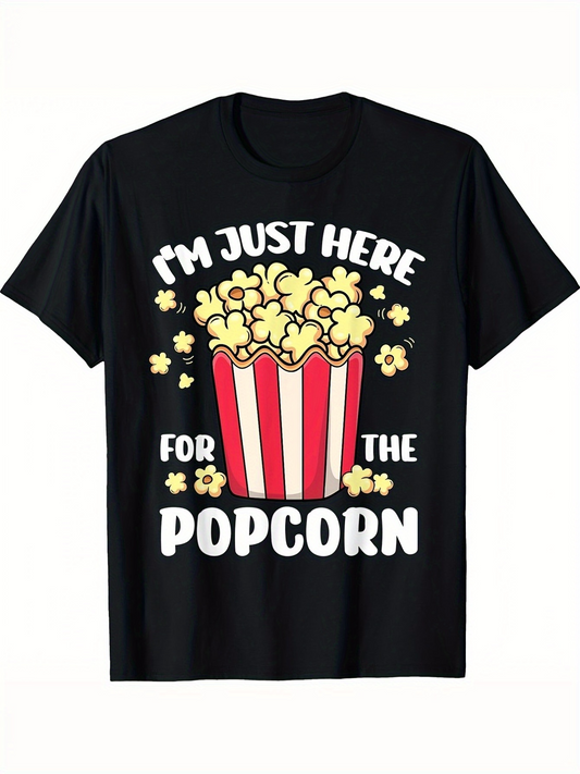 Men's Graphic T-Shirt Im Just Here For The Popcorn In Red Striped Box Surrounded By Popped Corn Snack