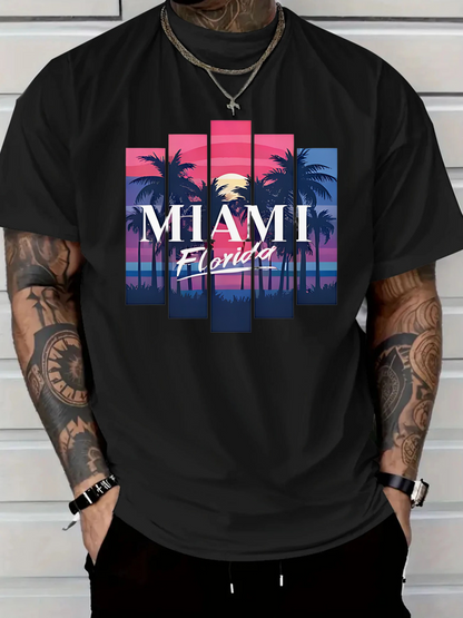 Men's Graphic T-Shirt Miami Florida Vibrant Sunset With Palms And Stripes Tropical Beach