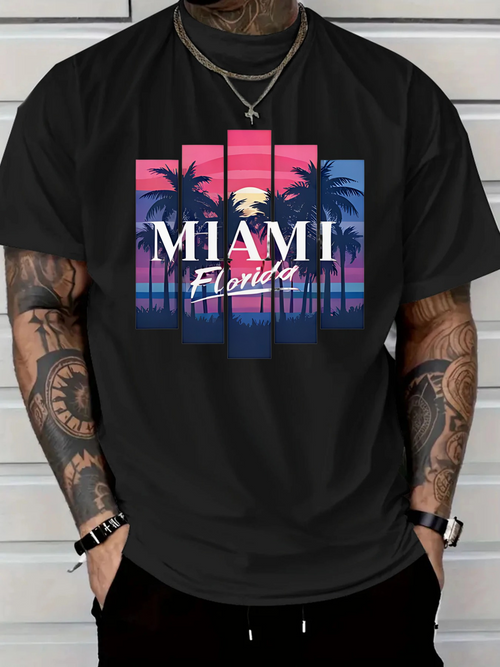 Men's Graphic T-Shirt Miami Florida Vibrant Sunset With Palms And Stripes Tropical Beach