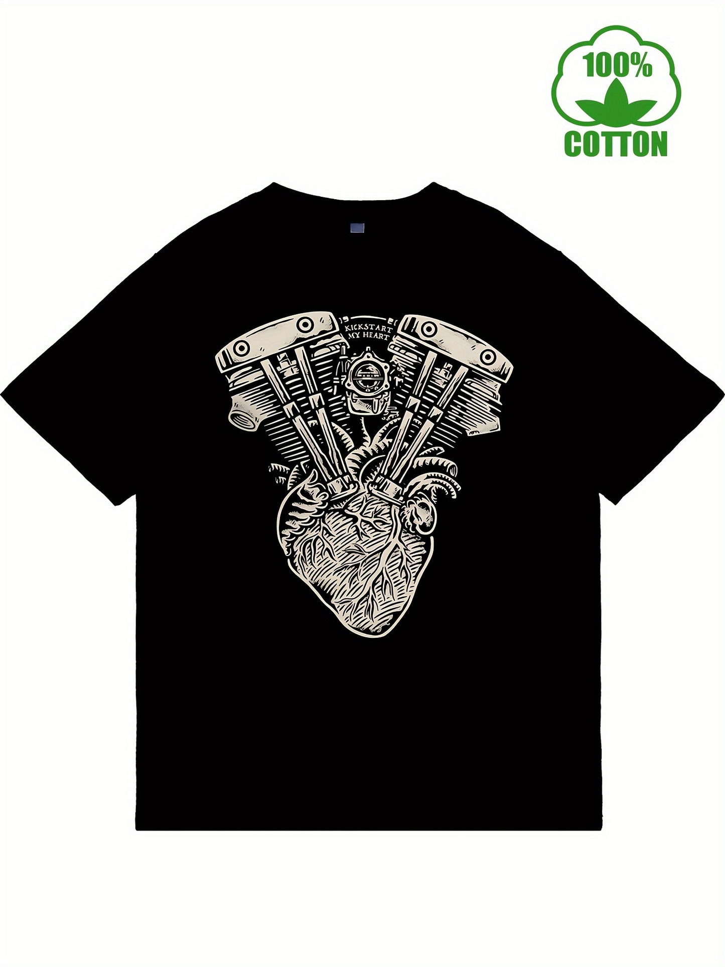 Men's Graphic T-Shirt Mechanical Engine Parts Entwined With Anatomical Heart Drawing On Black T Shirt