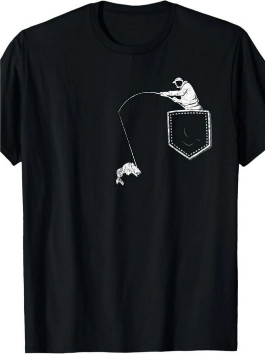 Men's Graphic T-Shirt Fisherman Sitting On Stitched Pocket With A Jumping Fish