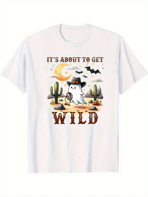 Men's Graphic T-Shirt Its About To Get Wild Cowboy Ghost With Cactus Bats And Desert Moon