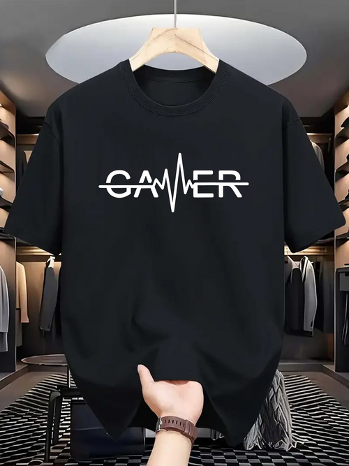Men's Graphic T-Shirt Heartbeat Line With Modern Letters Spelling Out Gamer