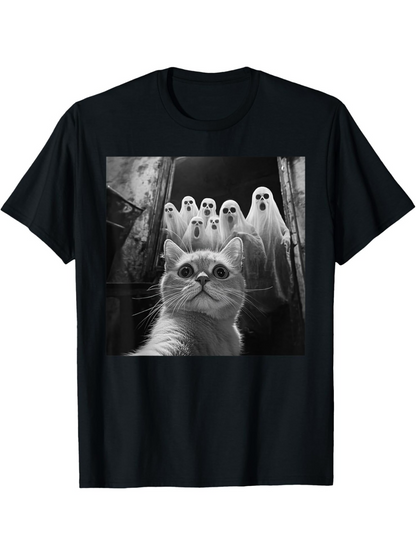 Men's Graphic T-Shirt Haunted Alley With Playful Ghosts And Curious Wide Eyed Cat