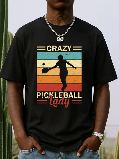 Men's Graphic T-Shirt Crazy Pickleball Lady With Vintage Stripes And Silhouette Female Player