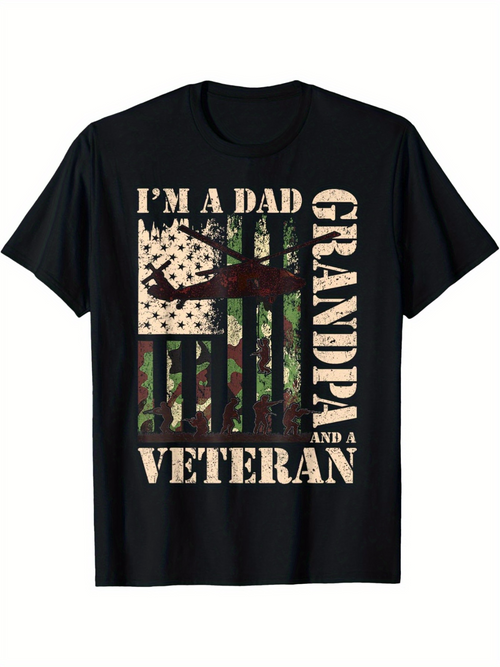 Men's Graphic T-Shirt Im A Dad Grandpa And A Veteran Patriotic Camouflage American Flag Design