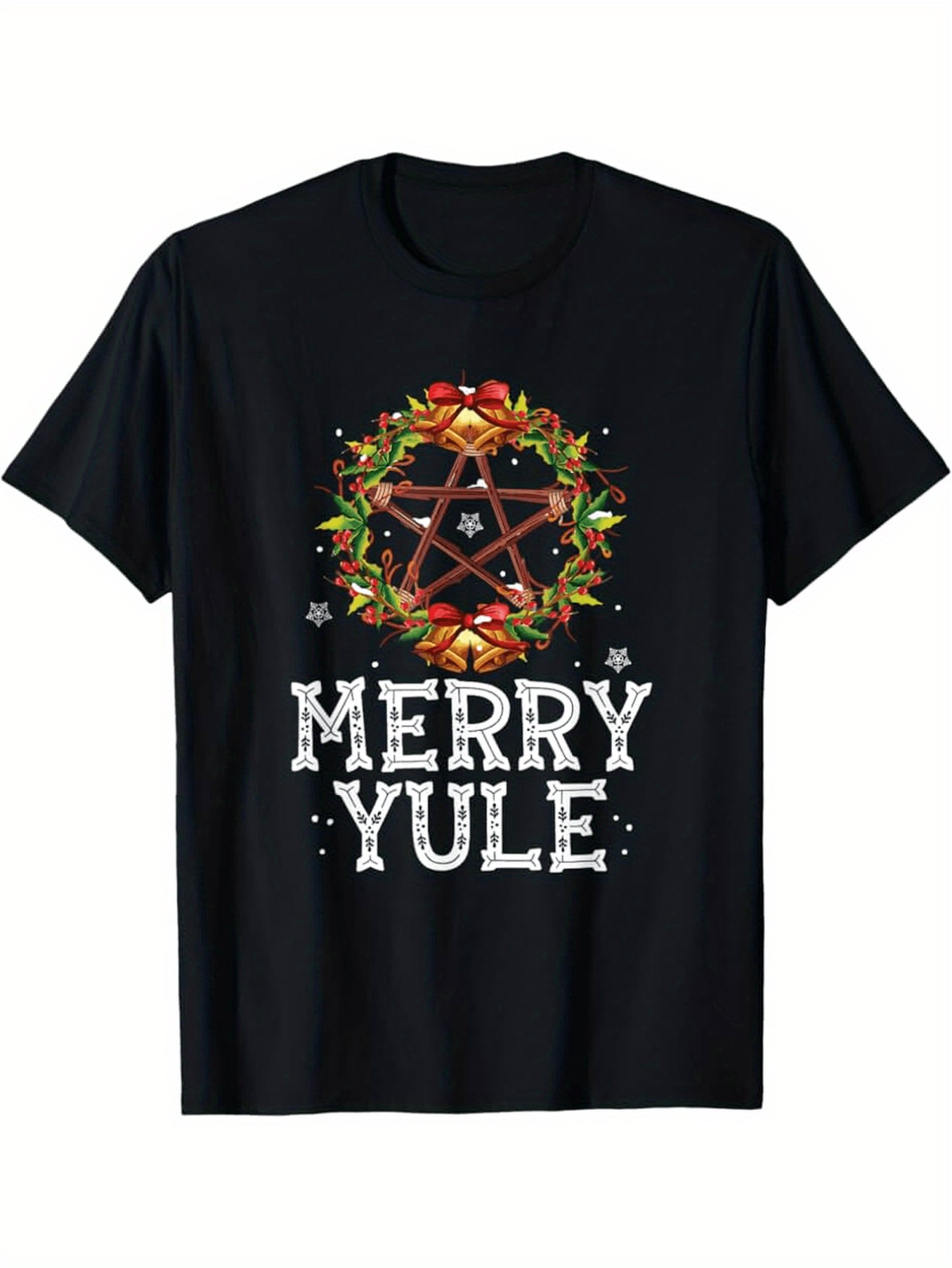 Men's Graphic T-Shirt Merry Yule Festive Wreath With Holly Leaves Berries And Stars Pentagram