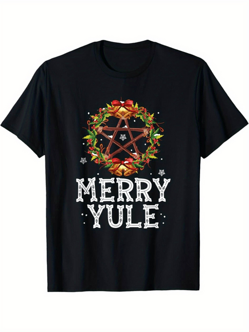 Men's Graphic T-Shirt Merry Yule Festive Wreath With Holly Leaves Berries And Stars Pentagram