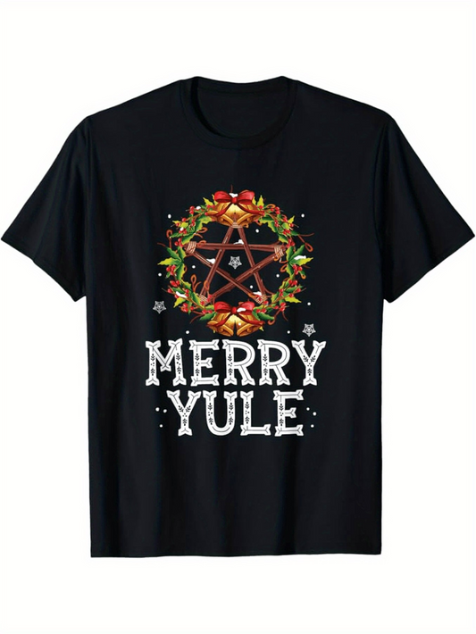 Men's Graphic T-Shirt Merry Yule Festive Wreath With Holly Leaves Berries And Stars Pentagram