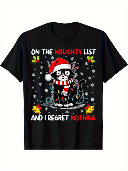 Men's Graphic T-Shirt On The Naughty List With Christmas Hat And Snowflakes Cat