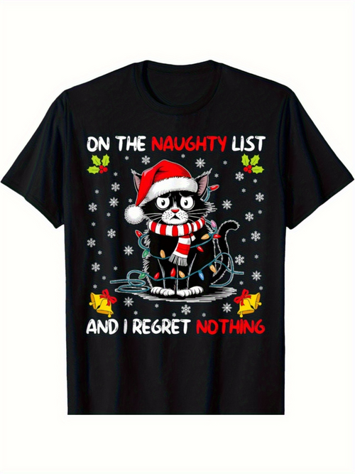 Men's Graphic T-Shirt On The Naughty List With Christmas Hat And Snowflakes Cat