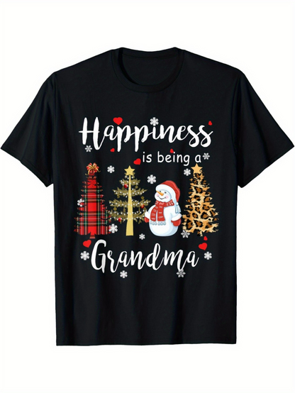 Men's Graphic T-Shirt Happiness Is Being A Grandma With Snowflakes Christmas Trees And Playful Snowman