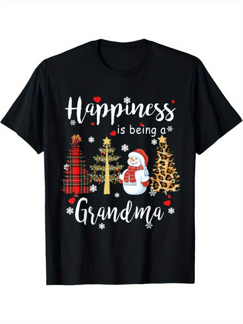 Men's Graphic T-Shirt Happiness Is Being A Grandma With Snowflakes Christmas Trees And Playful Snowman
