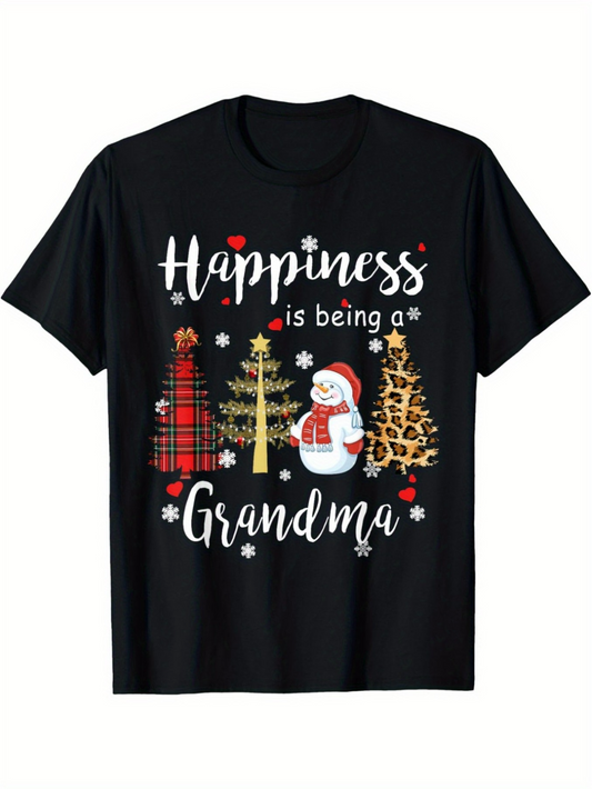 Men's Graphic T-Shirt Happiness Is Being A Grandma With Snowflakes Christmas Trees And Playful Snowman