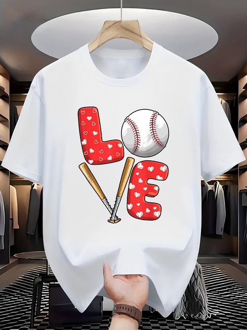 Men's Graphic T-Shirt Playful Heart Patterned Letters With Baseball And Golden Wooden Bats Love