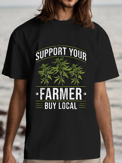 Men's Graphic T-Shirt Support Your Farmer Buy Local Green Leaves On Black Shirt Farmer