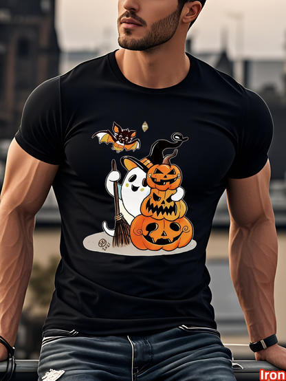 Men's Graphic T-Shirt Playful Ghost With Stacked Pumpkins And Flying Halloween Bat