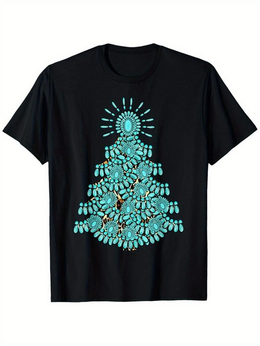 Men's Graphic T-Shirt Sparkling Turquoise Gemstones Forming A Festive Christmas Tree