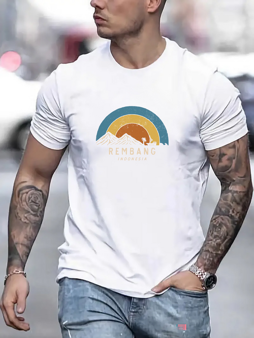Men's Graphic T-Shirt Rising Sun Over Stylized Mountains With Retro Rainbow Arc