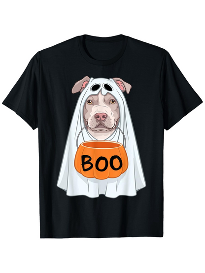 Men's Graphic T-Shirt Boo Ghost Costume Pitbull With Halloween Candy Bucket