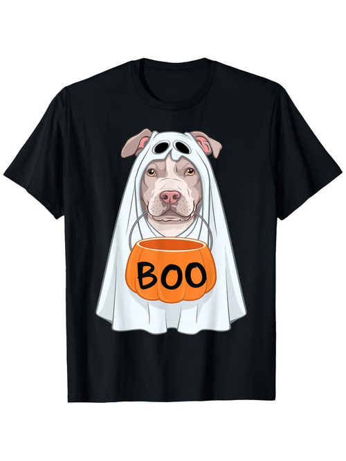 Men's Graphic T-Shirt Boo Ghost Costume Pitbull With Halloween Candy Bucket
