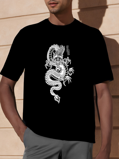 Men's Graphic T-Shirt Oriental Ink Style Flowing Scales Under Moonlit Night Dragon