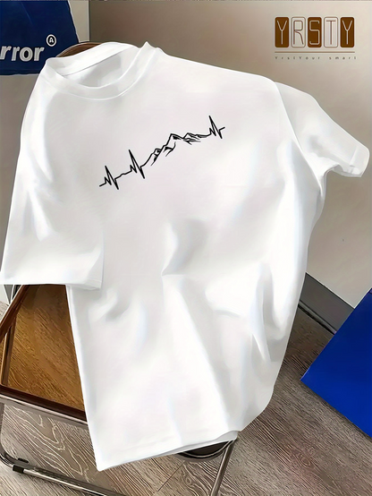 Men's Graphic T-Shirt Heartbeat Line Mountain Silhouette Among Pure White Cotton Fabric T Shirt