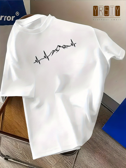 Men's Graphic T-Shirt Heartbeat Line Mountain Silhouette Among Pure White Cotton Fabric T Shirt