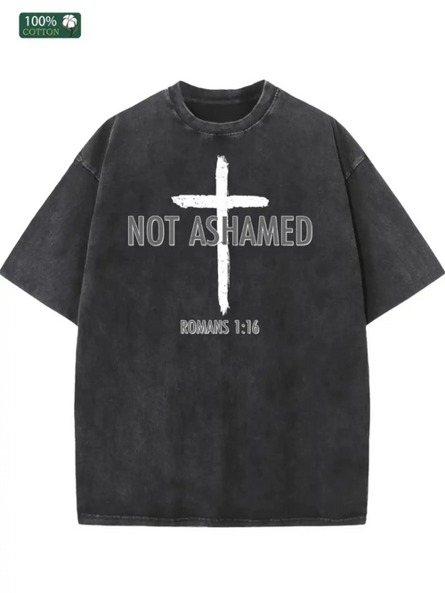 Men's Graphic T-Shirt Not Ashamed White Painted Cross With Textural Distressed Washed Black Fabric T Shirt