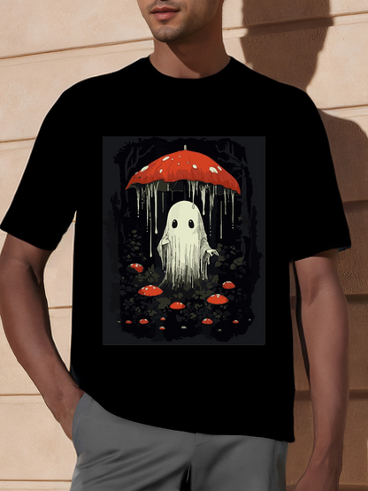 Men's Graphic T-Shirt Dripping Red Umbrella With Small Mushrooms Surrounding A Cute Ghost