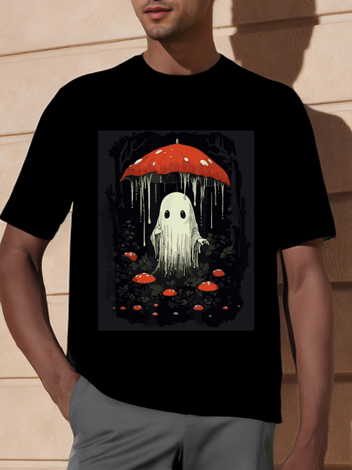Men's Graphic T-Shirt Dripping Red Umbrella With Small Mushrooms Surrounding A Cute Ghost
