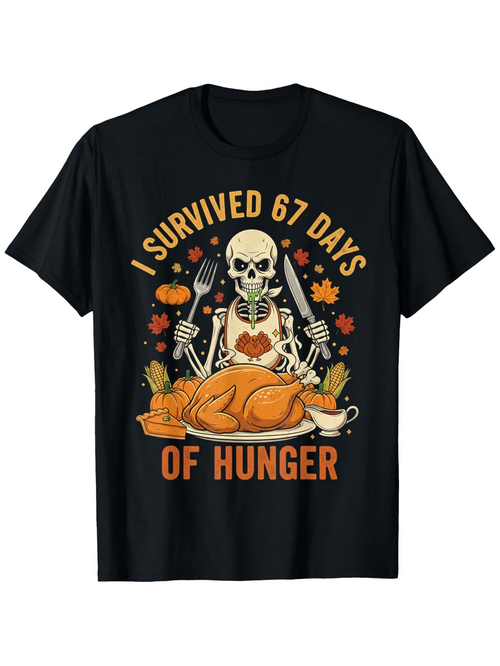 Men's Graphic T-Shirt I Survived 67 Days With Skeleton Autumn Leaves Feast Turkey