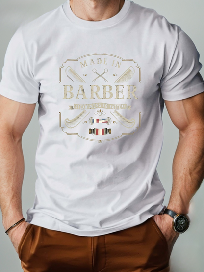 Men's Graphic T-Shirt Made In Barber Retro Emblem With Scissors And Vintage Tools