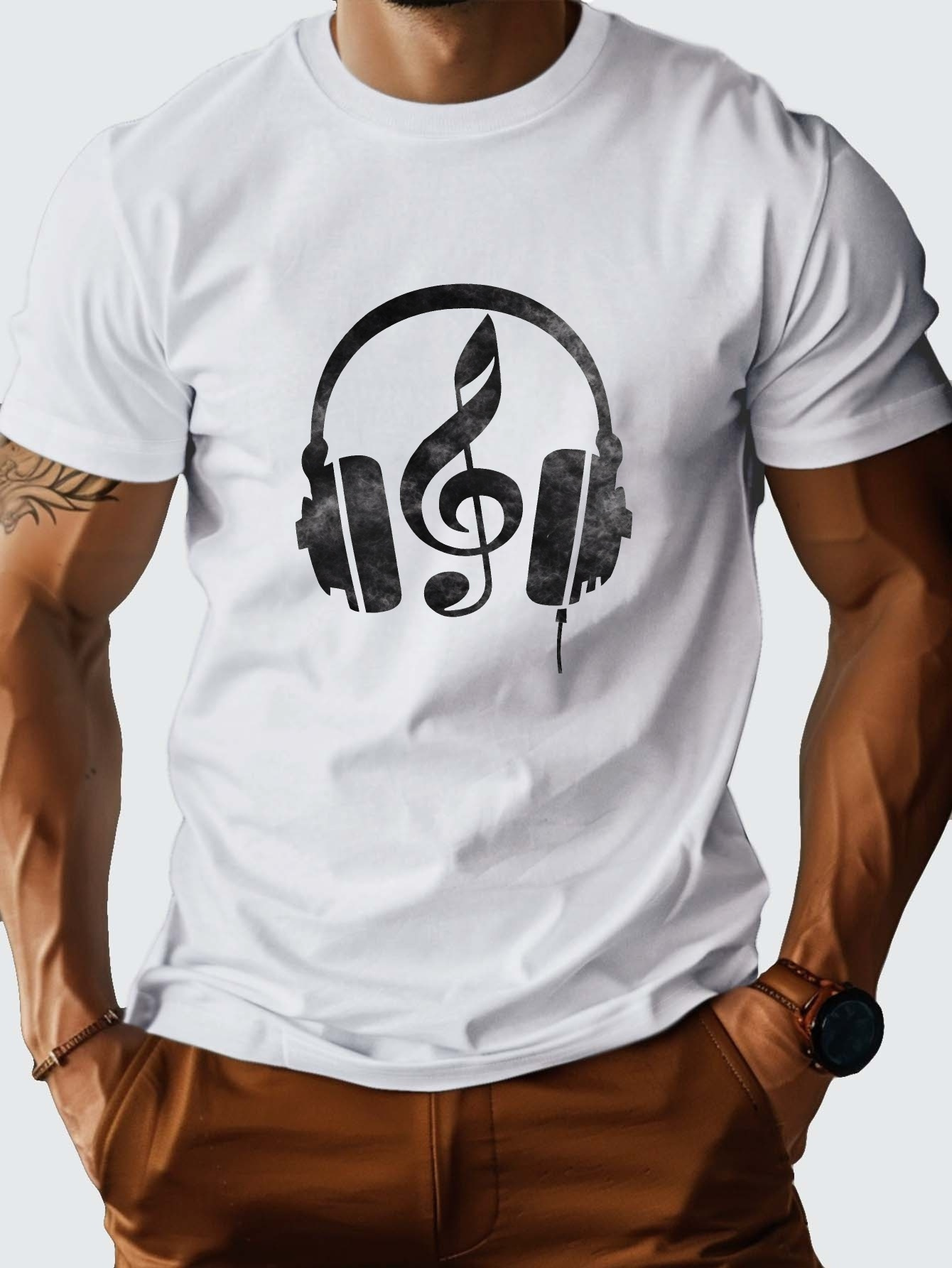 Men's Graphic T-Shirt Retro Headphones With Musical Notes And Artistic Sound Symbol