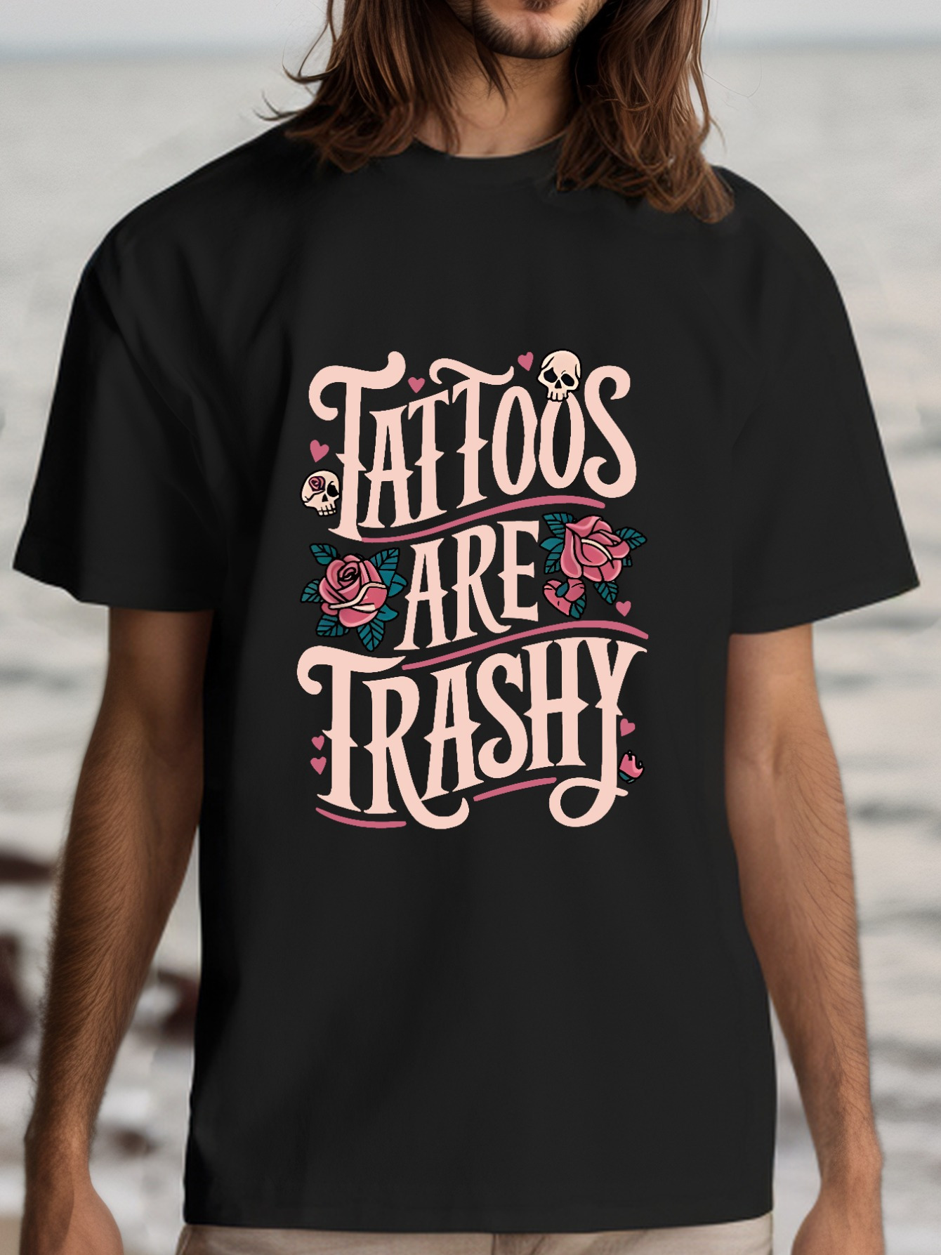Men's Graphic T-Shirt Tattoos Are Trashy With Decorative Flourishes Rose And Skull