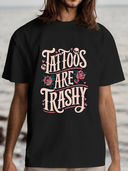 Men's Graphic T-Shirt Tattoos Are Trashy With Decorative Flourishes Rose And Skull