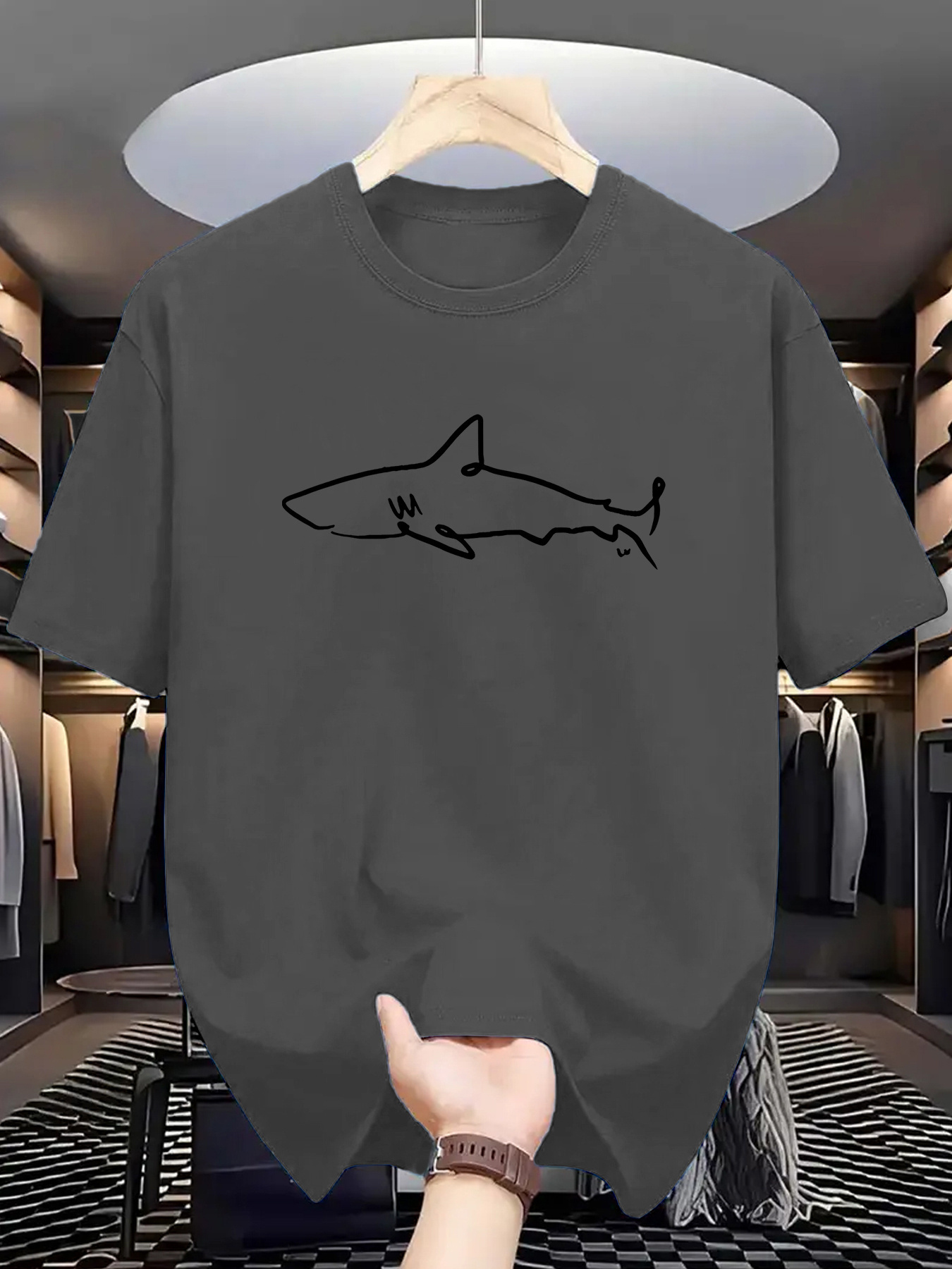 Men's Graphic T-Shirt Abstract Outline Drawing With Simple Silhouette Lonely Swimming Shark