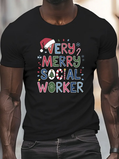 Men's Graphic T-Shirt Very Merry Words In Holiday Colors With Festive Santa Hat Social Worker