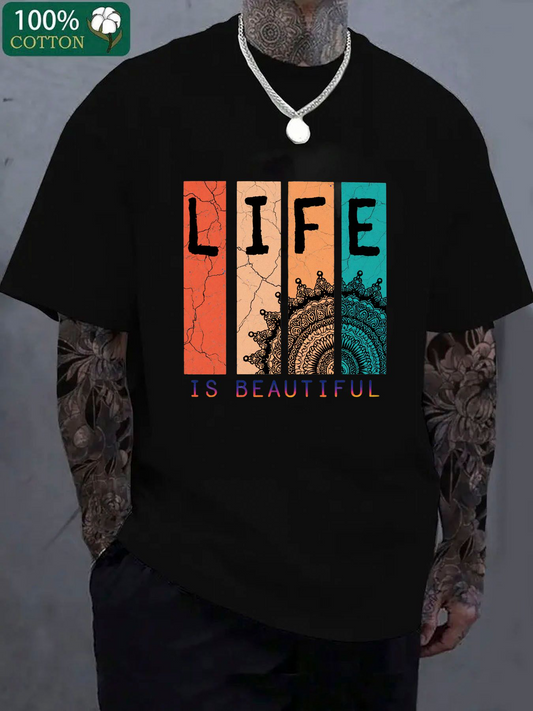 Men's Graphic T-Shirt Life Is Beautiful Colorful Vintage Panels With Sunburst Wheel Element