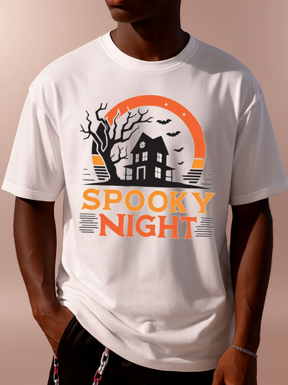 Men's Graphic T-Shirt Spooky Night Haunted House With Bare Tree Under Orange Moonlight