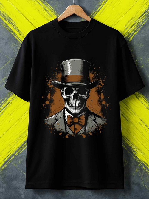 Men's Graphic T-Shirt Vintage Skeleton With Top Hat Bowtie And Splattered Paint Skull