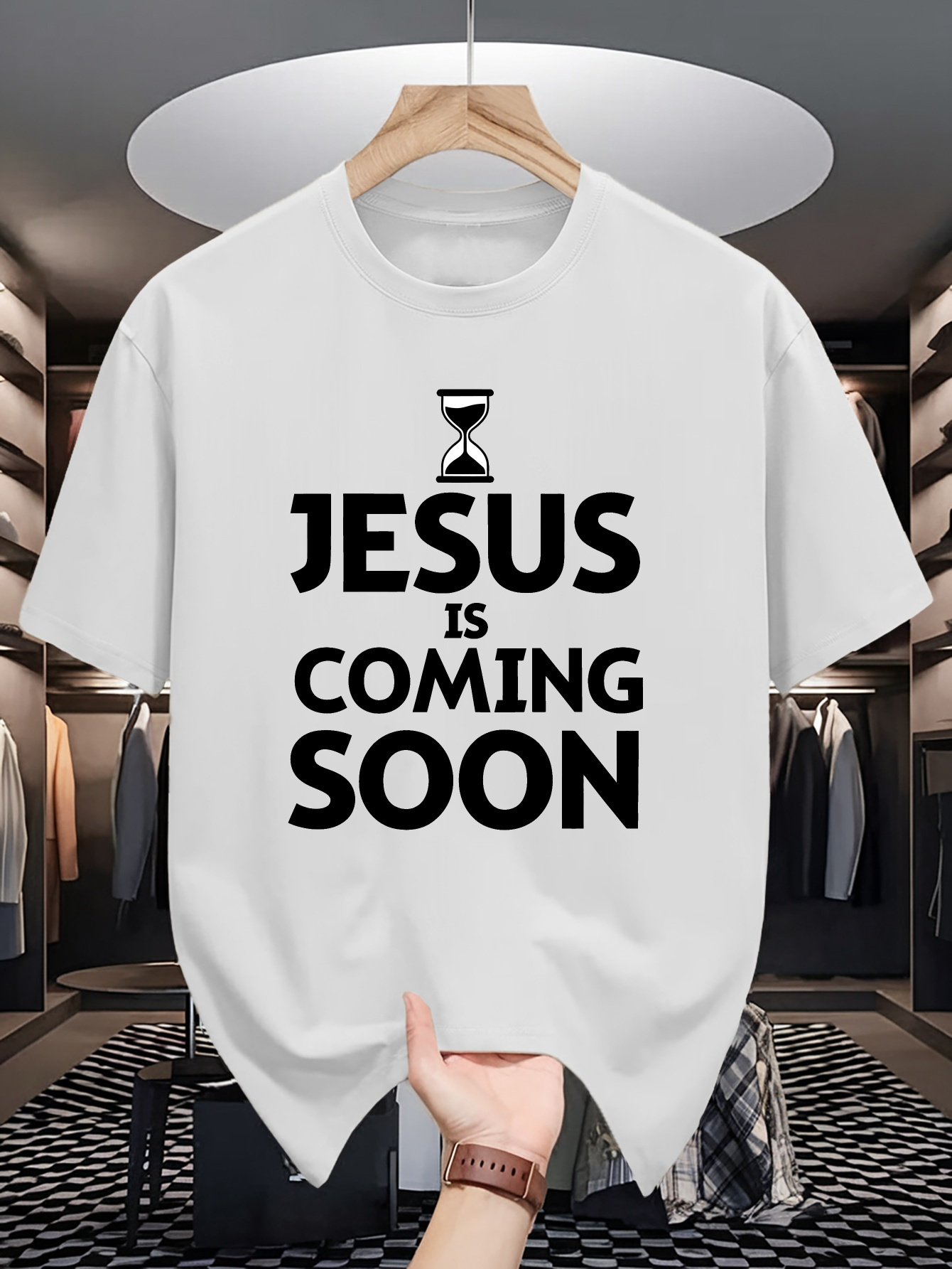 Men's Graphic T-Shirt Jesus Is Coming Soon With Bold Letters And Hourglass Symbol T Shirt