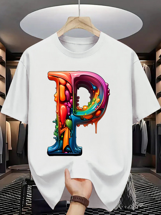 Men's Graphic T-Shirt Colorful Melted Paint Splash With 3D Artistic P Letter