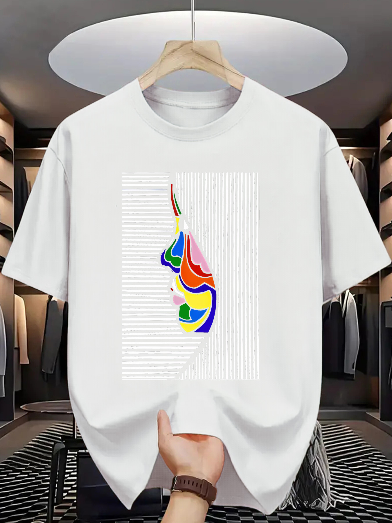 Men's Graphic T-Shirt Colorful Abstract Face Blending With Vertical Lined Geometric Artwork