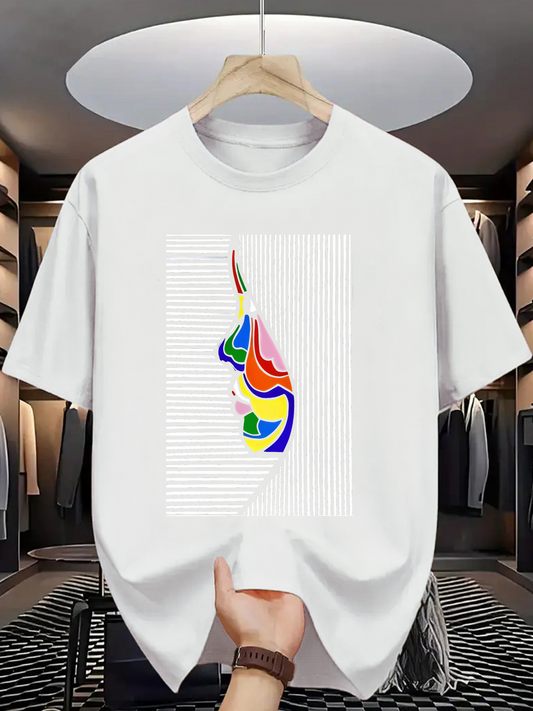 Men's Graphic T-Shirt Colorful Abstract Face Blending With Vertical Lined Geometric Artwork