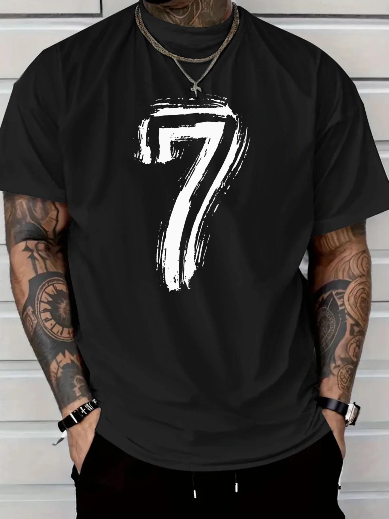 Men's Graphic T-Shirt Brushstroke Painted White Number Seven On Black Shirt