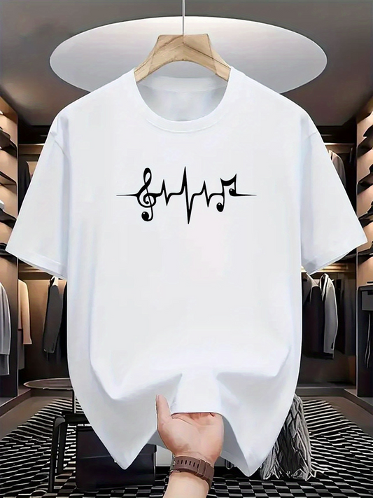 Men's Graphic T-Shirt Heartbeat Line With Musical Notes On Pure White Cotton Shirt